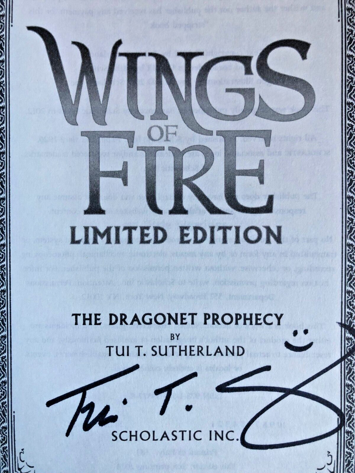 SIGNED The Dragonet Prophecy (Wings of Fire 1) Tui T. Sutherland LIMITED EDITION