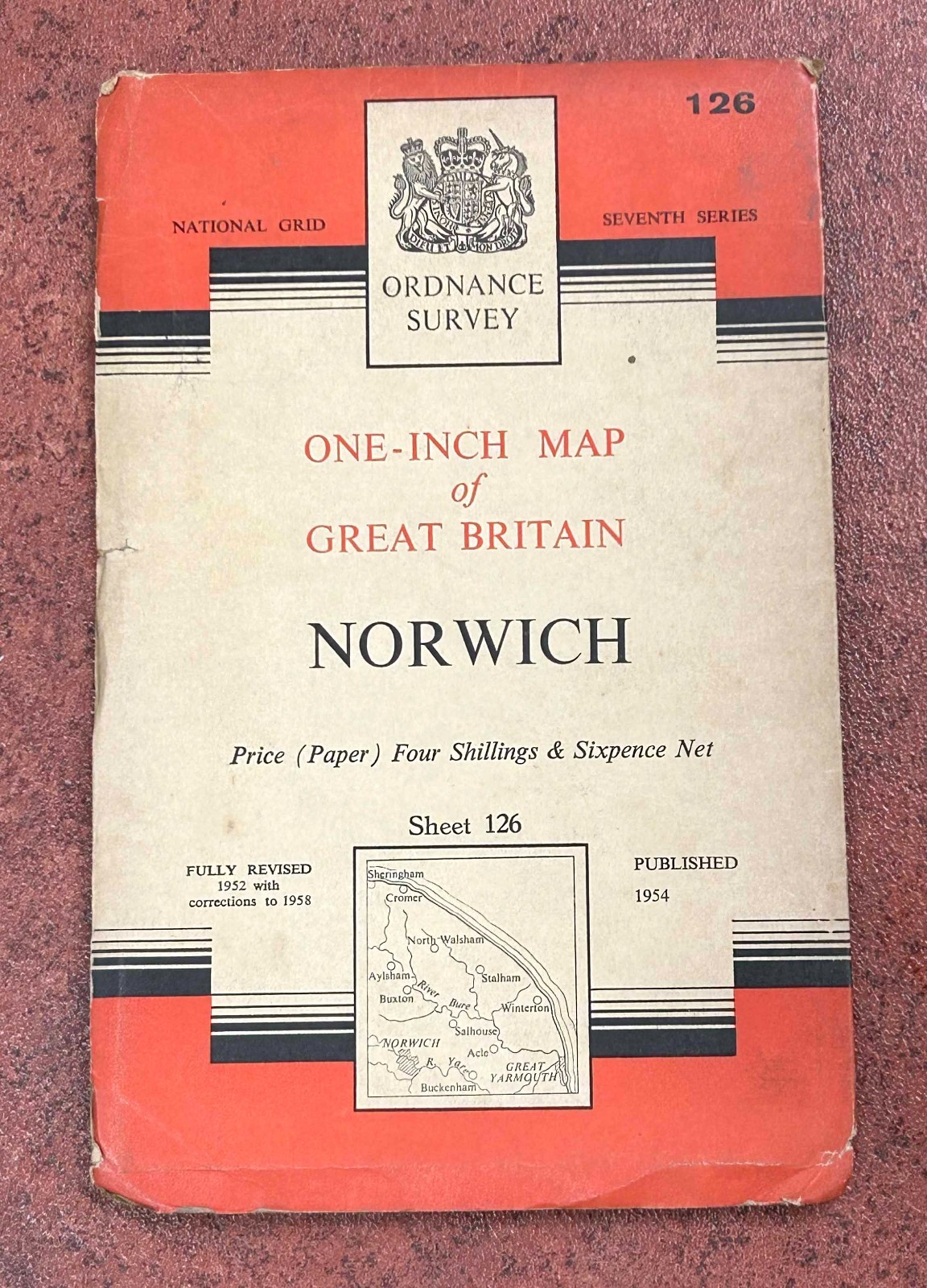 OS Ordnance Survey One Inch Paper Map, Norwich, Sheet 126, 1954