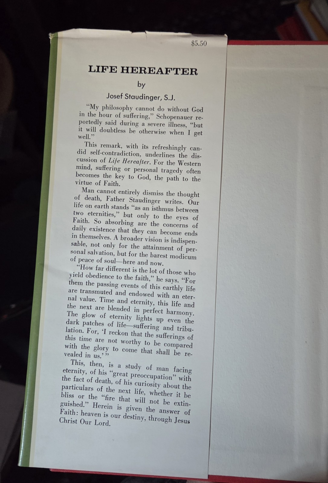 Life Hereafter by Josef Staudinger, S.J. Catholic Death & Dying Afterlife Book