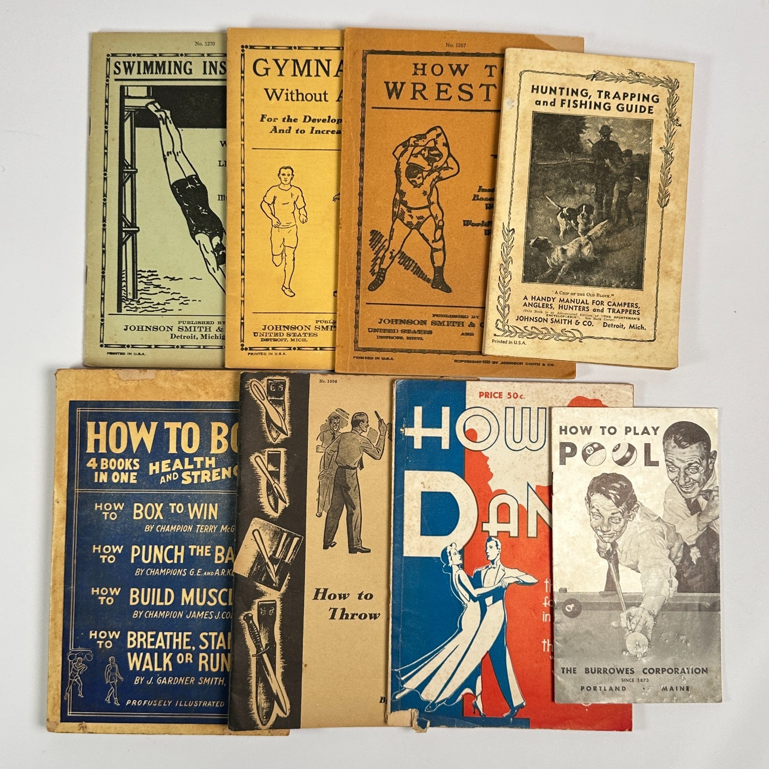 1930s “How To” Booklets, Lot of 8, Wrestling, Boxing, Dancing, Johnson Smith Co.