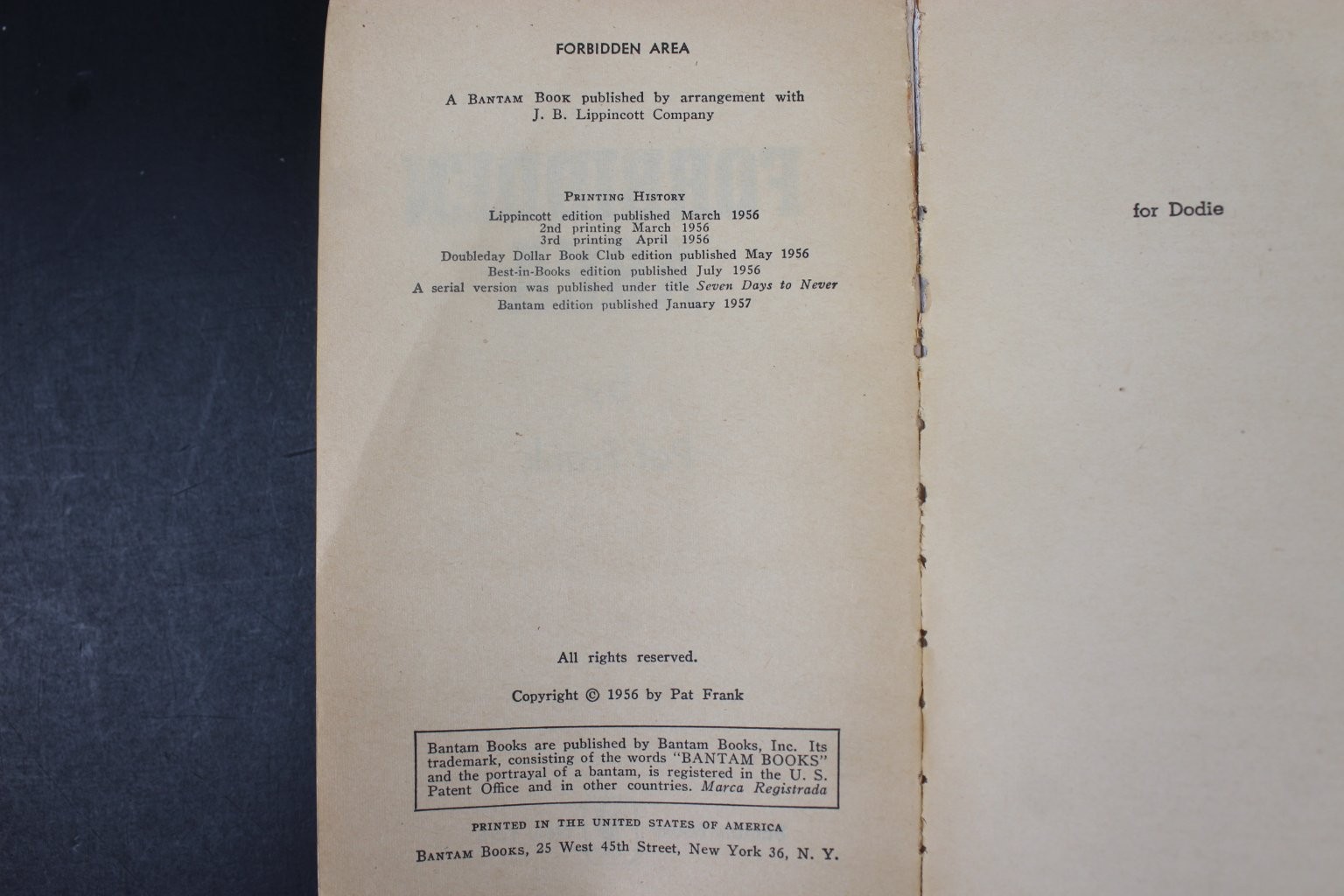 Forbidden Area Pat Frank 1957 First Bantam Edition Cold War Thriller Paperback
