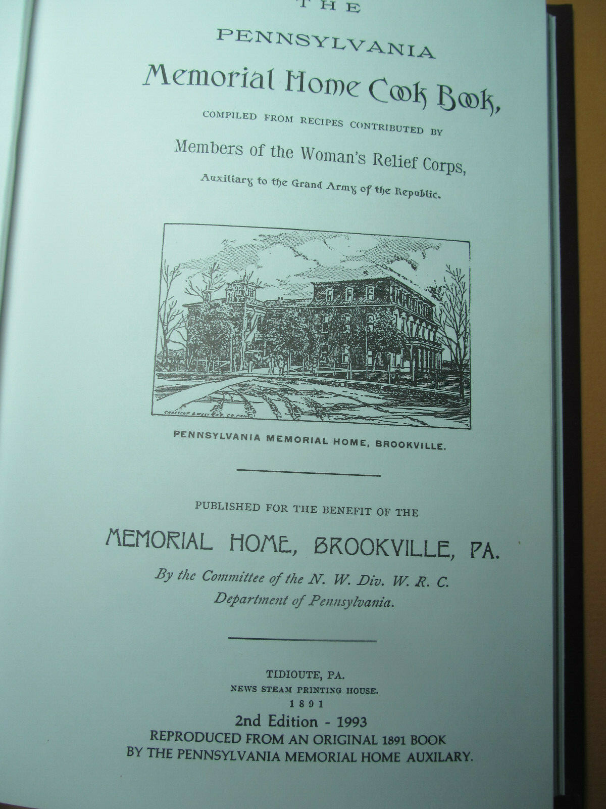 1993 Reproduction of 1891 Memorial Home Cook Book – Brookville PA – 238 Pages