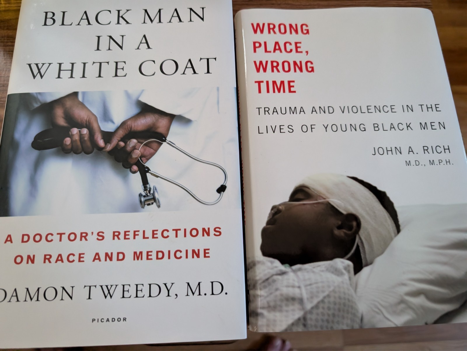 2 Hardcover Books Black Man in a White Coat & Wrong Place Wrong Time