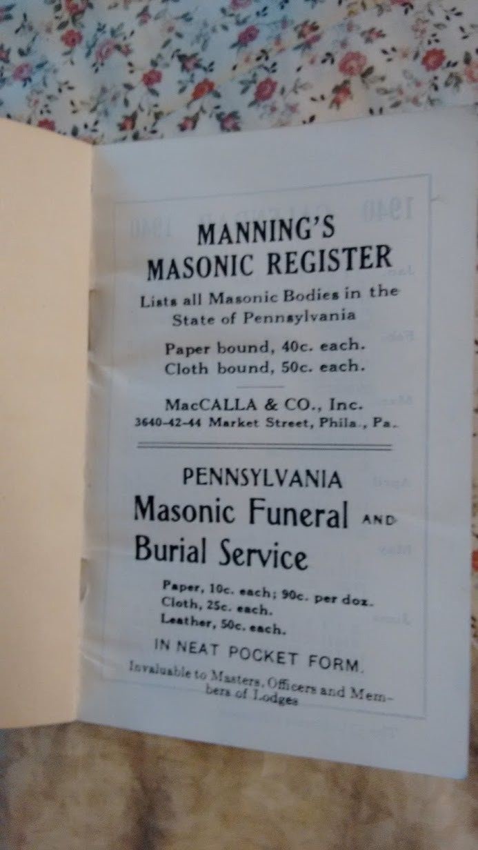 MANNING’S masonic REGISTER of F. & A.M. for the State of Pennsylvania 1940