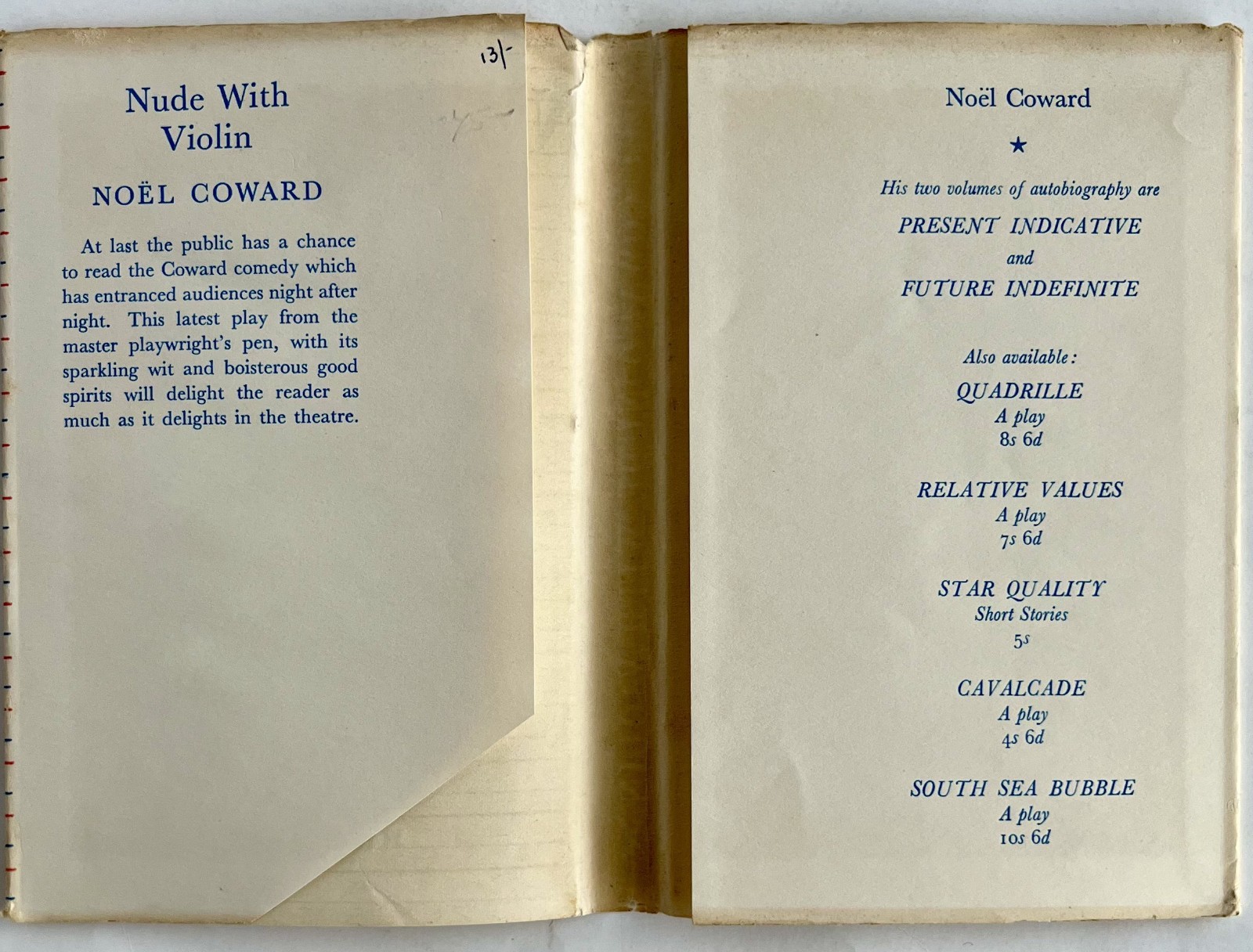 Noel Coward- Nude With Violin A Light Comedy 1st UK EDT 1957 Heineman HC DJ