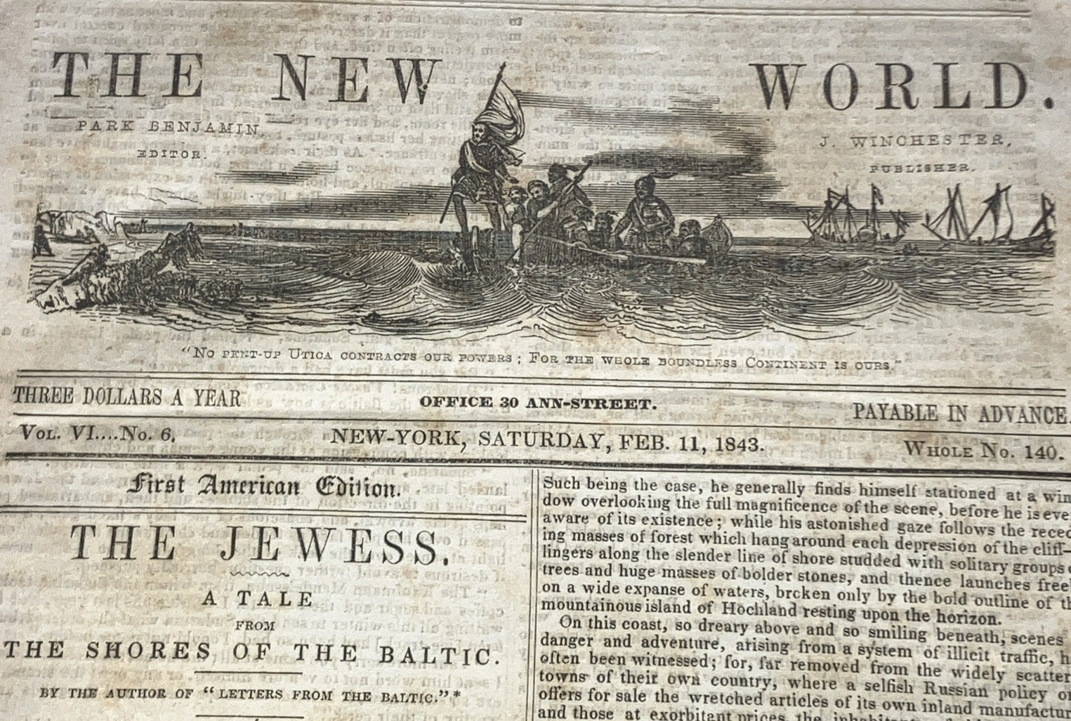 The New World antique Literary Newspaper 1843 Jewess Elizabeth Eastlake 1st