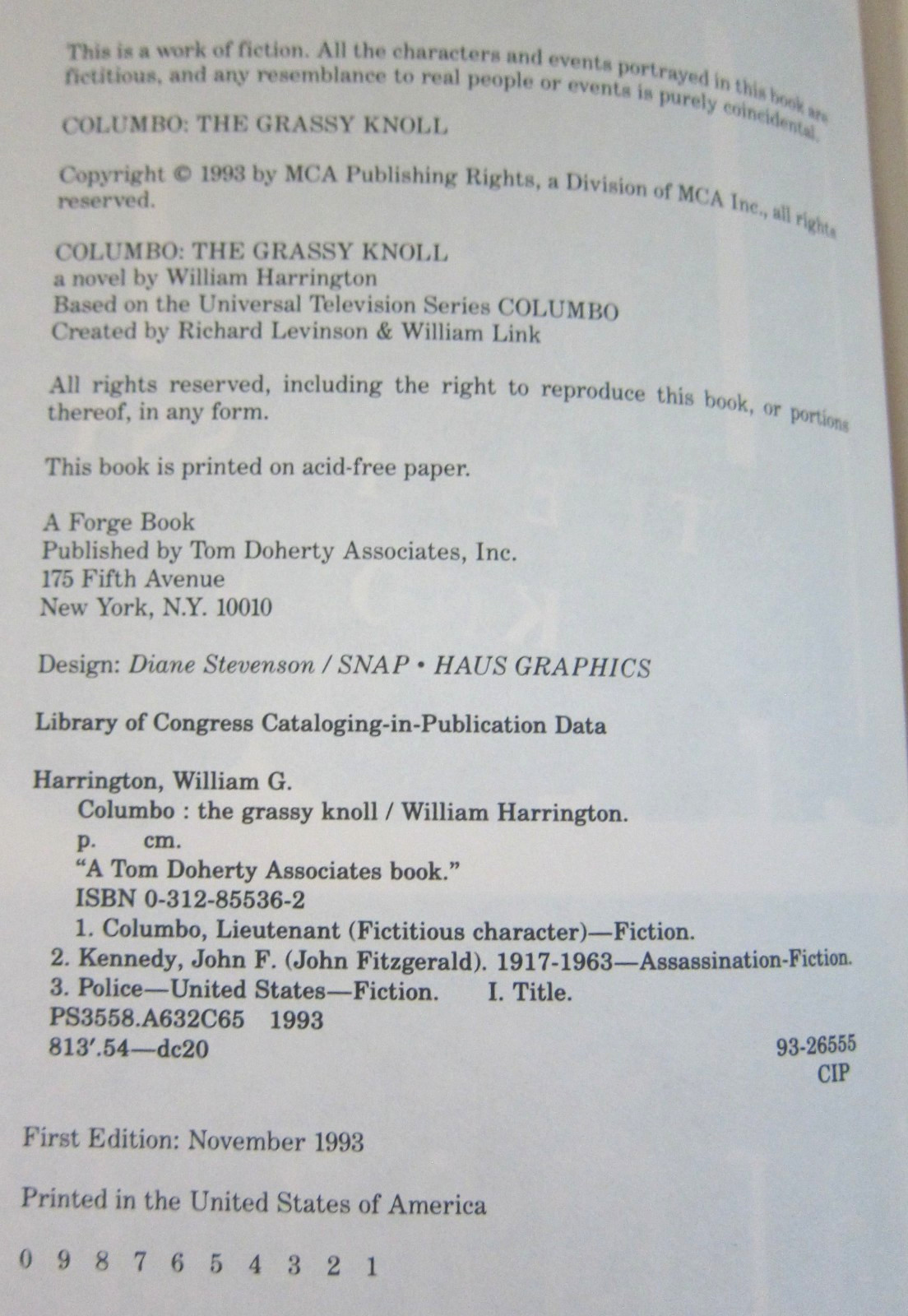 The Grassy Knoll by William Harrington- an original Columbo TV series novel !