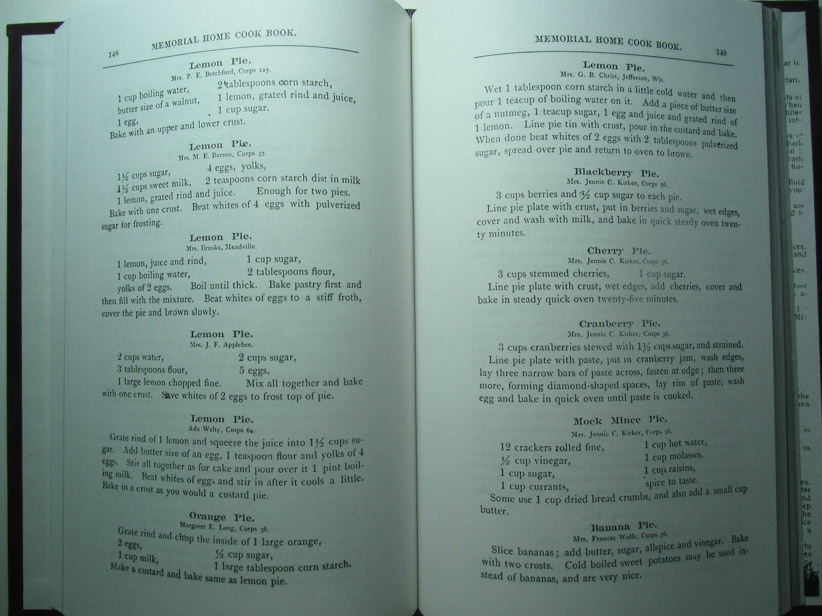 1993 Reproduction of 1891 Memorial Home Cook Book – Brookville PA – 238 Pages