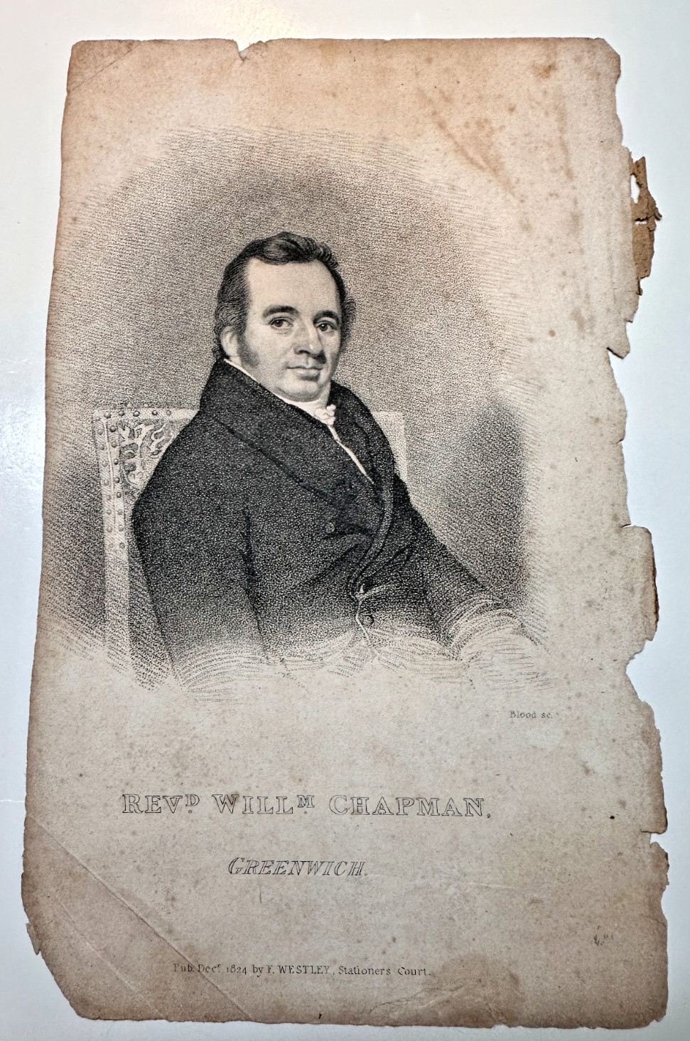 1824 Evangelical Magazine Rev William Chapman Greenwich Blood Engraving 5.5in