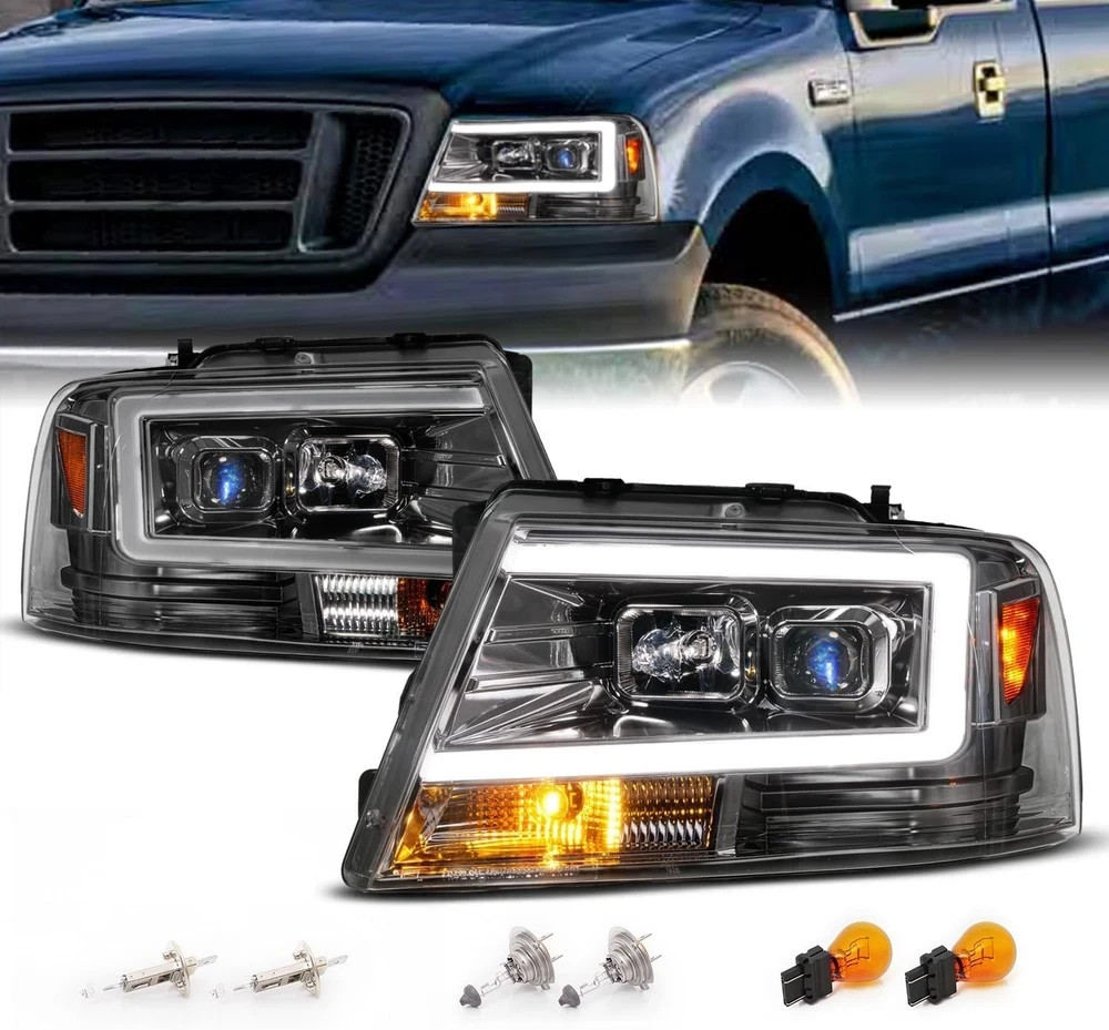 Headlights Assembly for 2004-2008 Ford F150 C-Type LED Tube Square Projector..