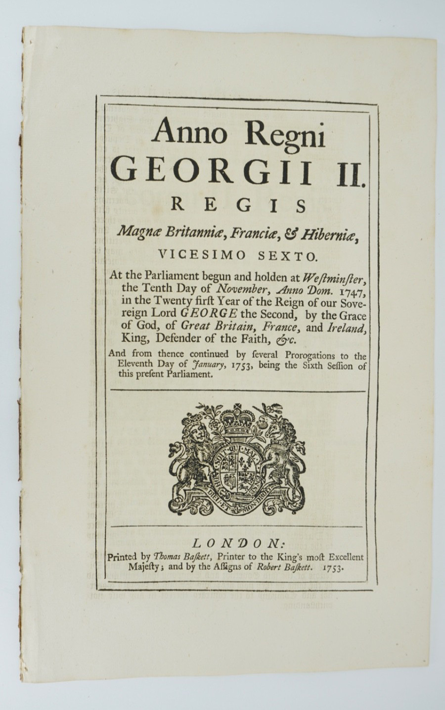 1753 Act of Parliament George II Window Light Tax Scotland Duties Baskett London