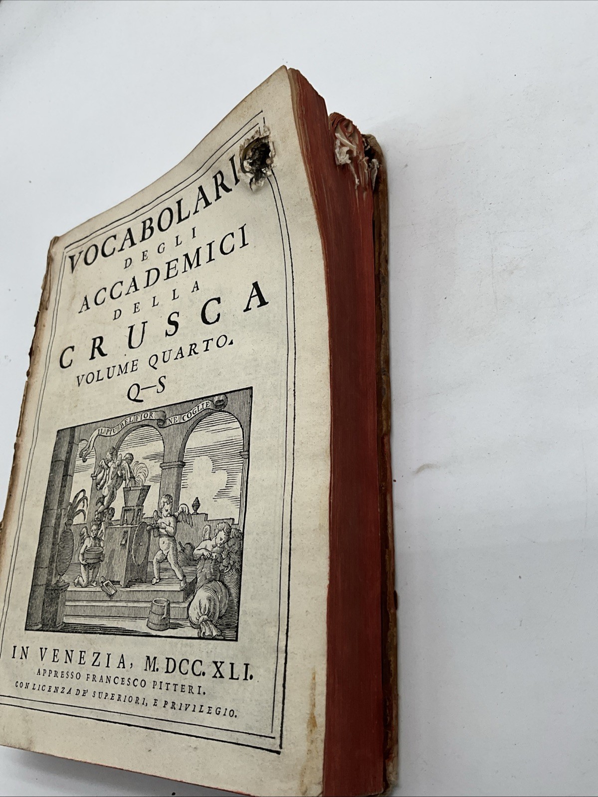 Vocabulary Of The Academics Of The Bran, 1741 Antique Book With Bullet Hole, CF