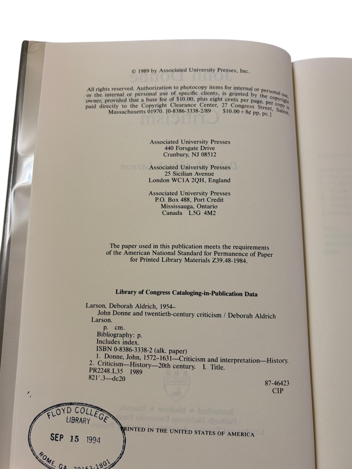 John Donne & 20th-Century Criticism Deborah Aldrich Larson 1989 Fairleigh