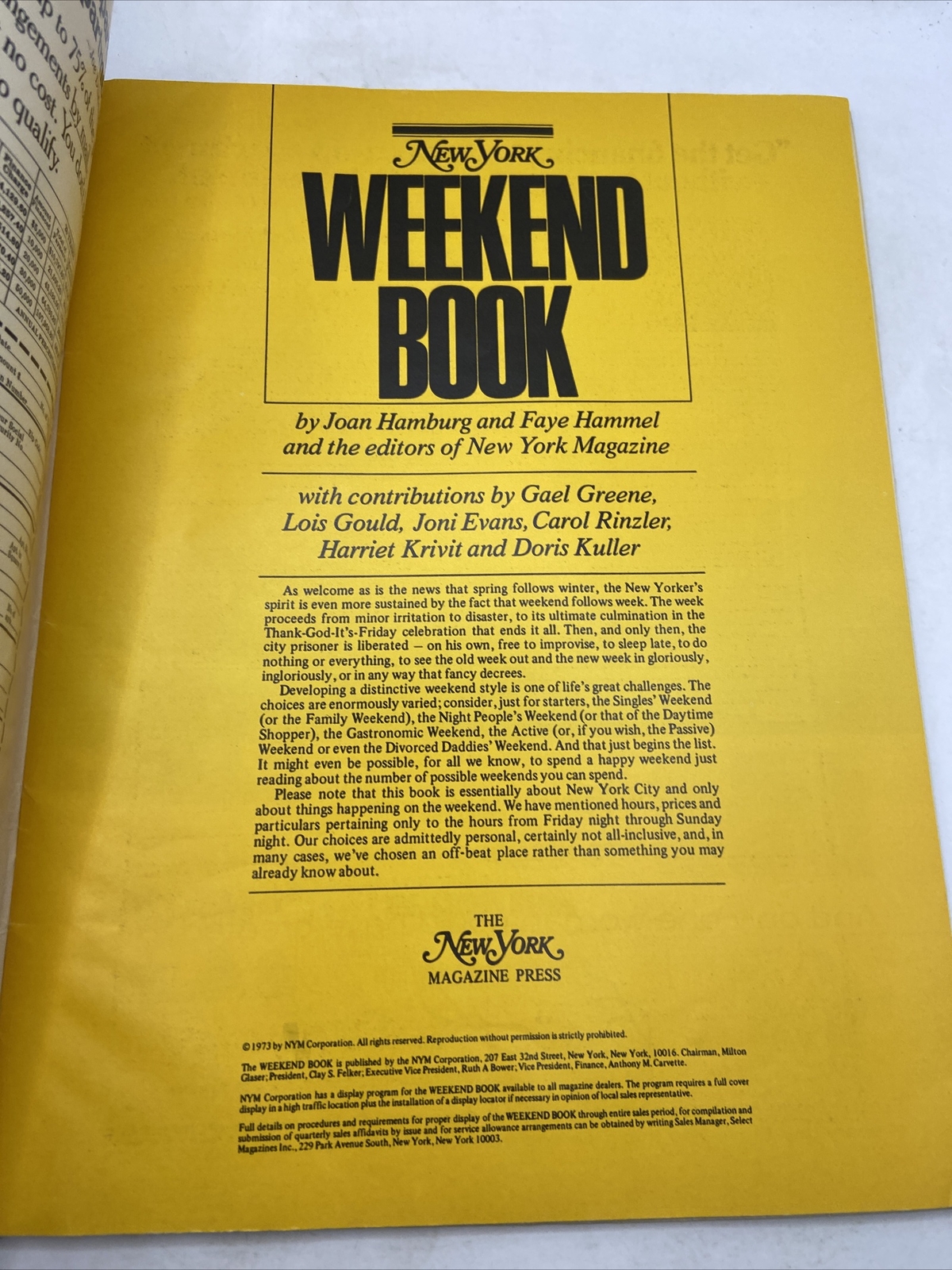 1973 The Weekend Book NEW YORK MAGAZINE Glaser Felker Excellent Condition
