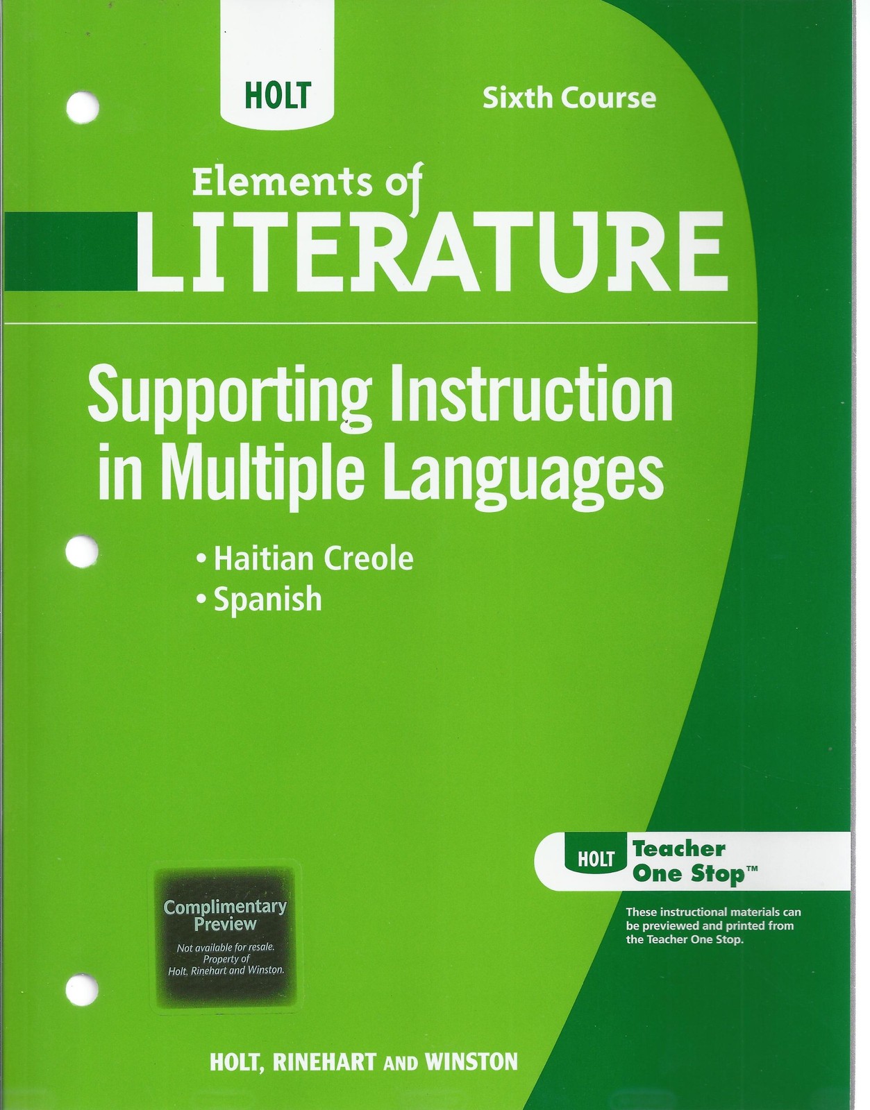 Holt Elements of Literature: Supporting Instruction in Multiple Languages Si…