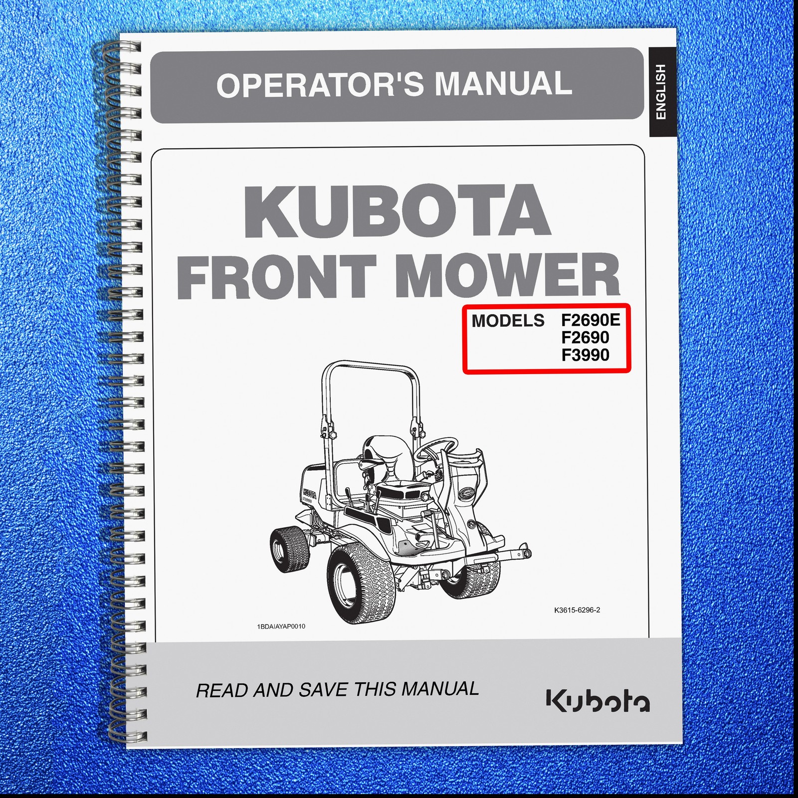 KUBOTA F2690E F2690 F3990 Mower Operators Manual – SPIRAL BOUND, TOUGH COVERING