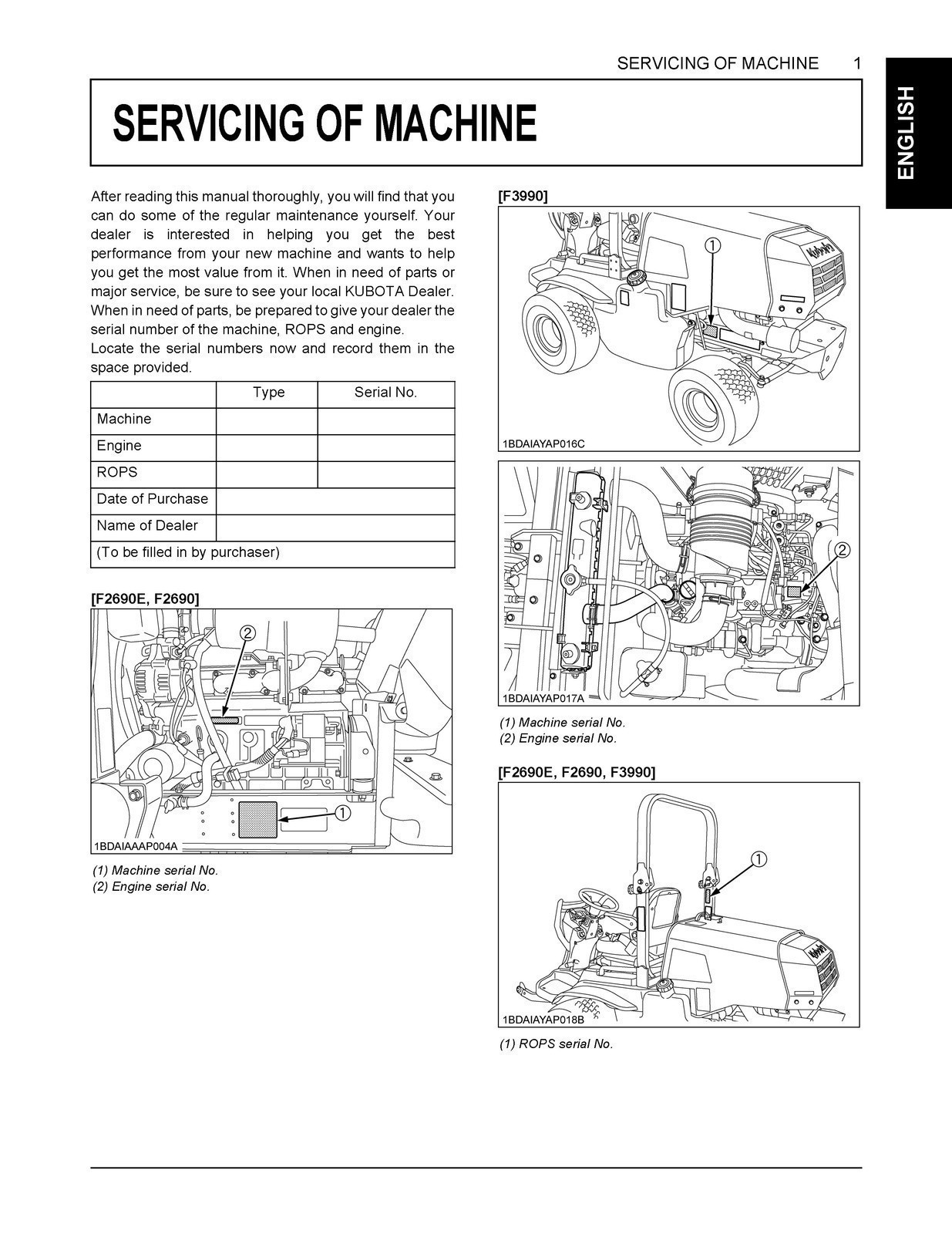 KUBOTA F2690E F2690 F3990 Mower Operators Manual – SPIRAL BOUND, TOUGH COVERING