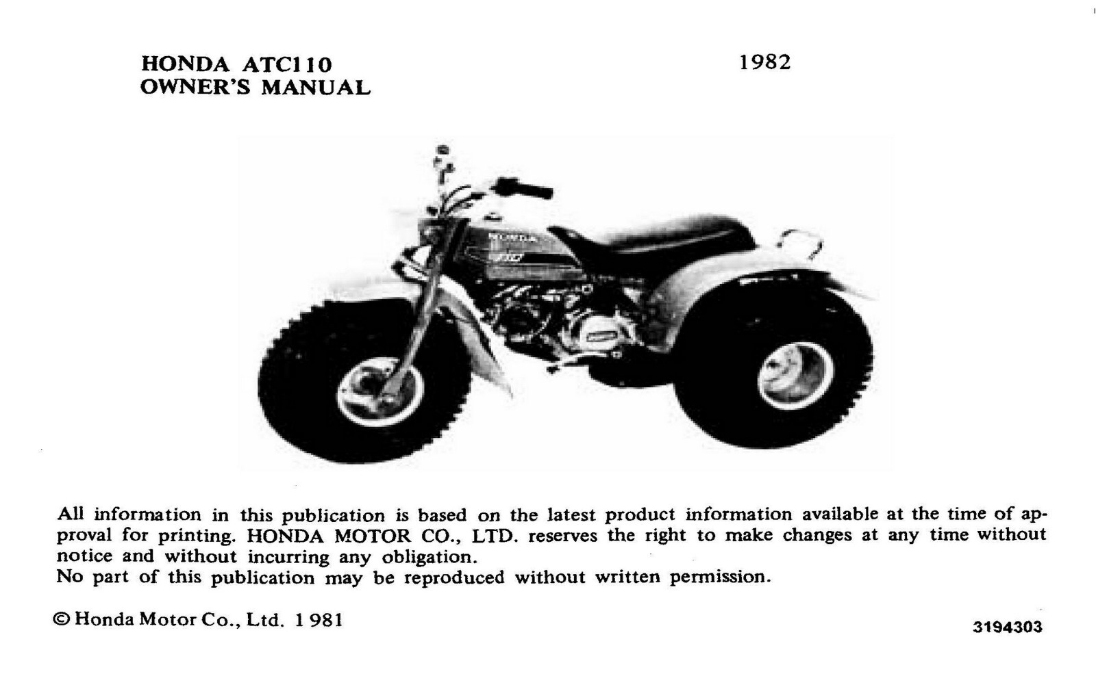 1982 Honda ATC110 Owner’s Manual 56 Pages