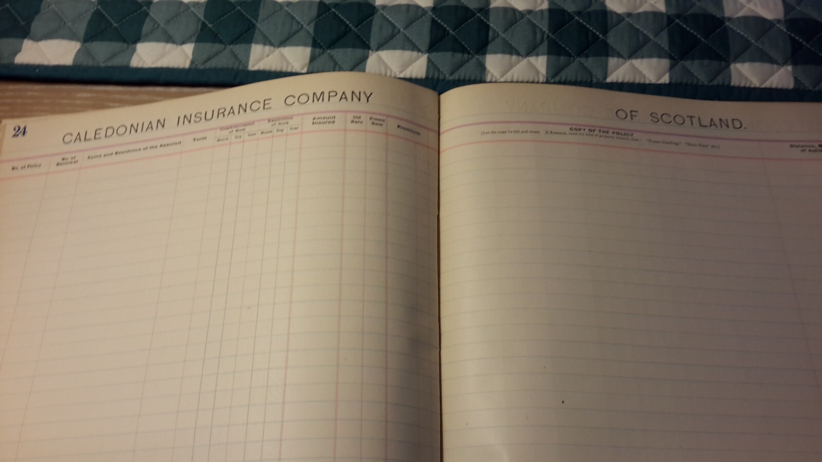 Caledonian Insurance Co. of Scotland Ledger book; dates 1908 – 1914 Handwritten