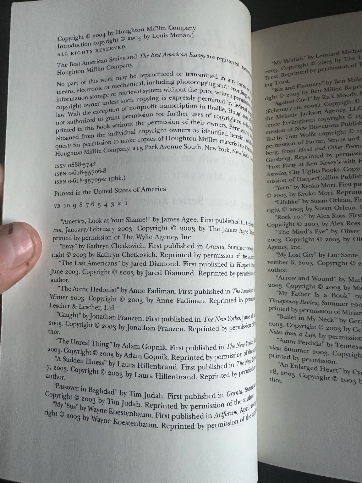 Best American Essays 2004 Louis Menand Robert Atwan Anthology Houghton Mifflin