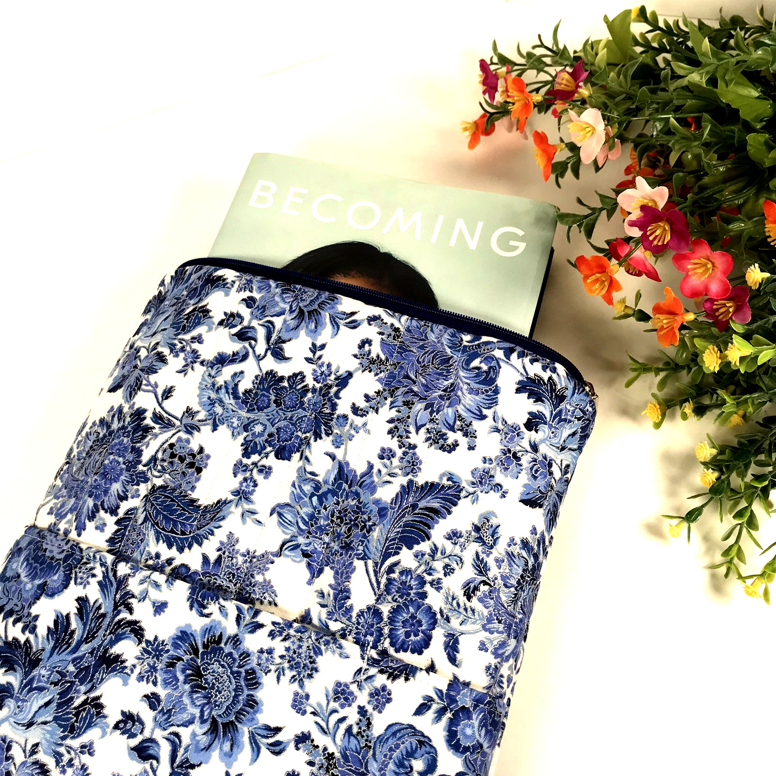 Book Bible Sleeve 11″ iPad Sleeve Pouch Quilted Floral Paisley Blue Black Silver