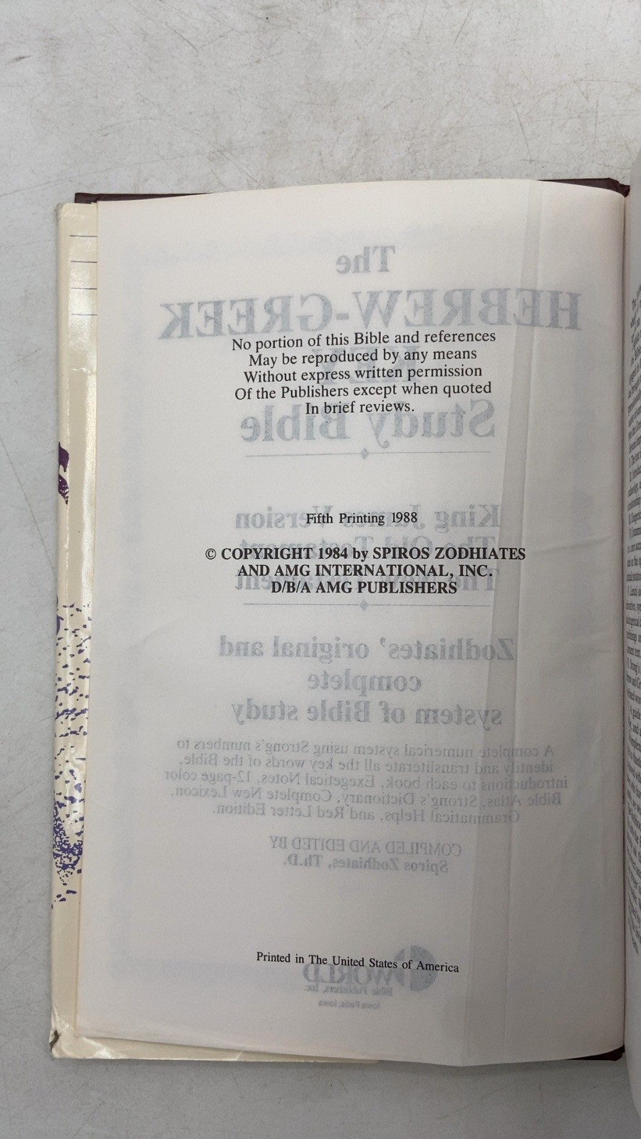 The Hebrew-Greek Key Study Bible Spiros Zodhiates, Th.D. Hardcover Fifth Prin…