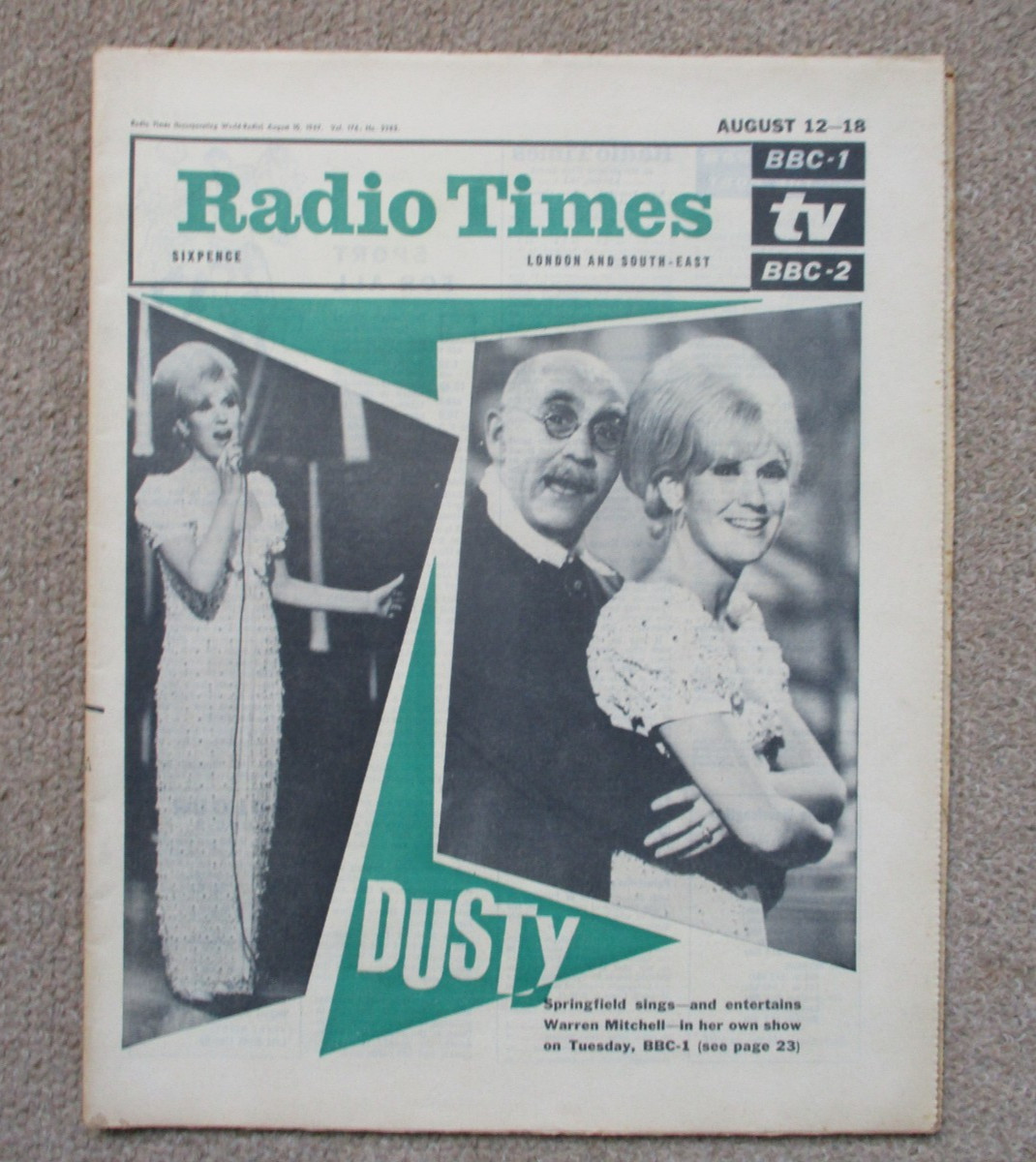 Radio Times. Aug 12-18 1967. Dusty Springfield cover, Alf Garnett, Miss UK etc
