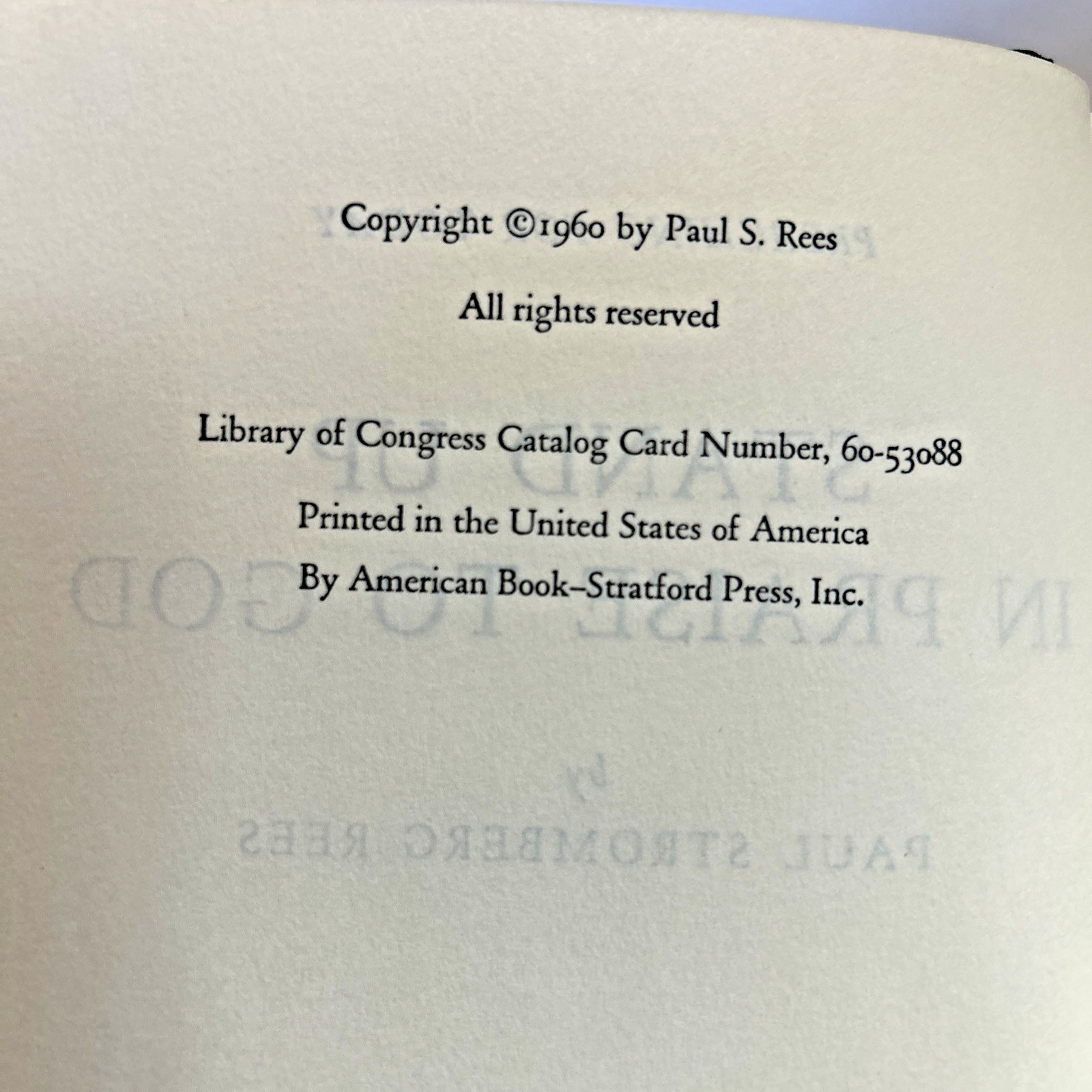 Stand Up in Praise to God (1960) ~ Paul Stromberg Rees ~ Hardcover