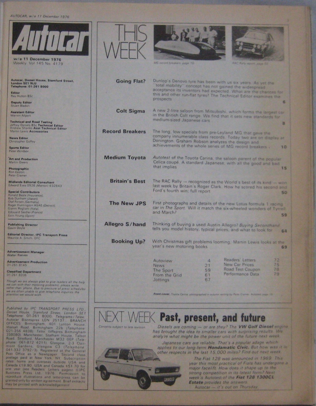 Autocar magazine 11 December 1976 featuring MG, Toyota road test, RAC rally