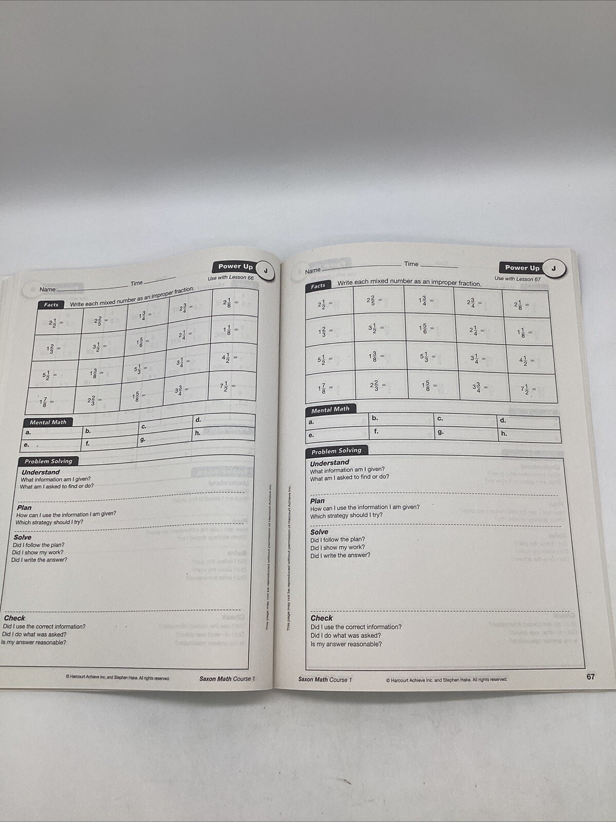 Saxon Math Course 1 Power-Up Workbook Middle School
